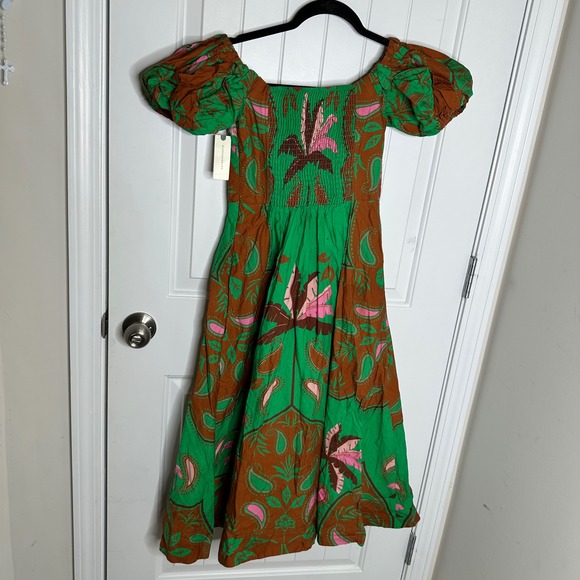 Anthropologie Maeve green puff sleeves floral sweetheart‎ midi dress 2 vacation - Picture 9 of 11